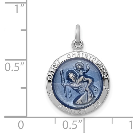 Sterling Silver Platinum-plated Blue Epoxy St. Christopher Medal