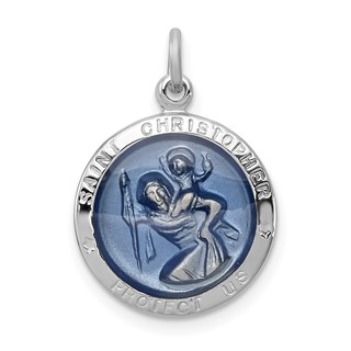 Sterling Silver Platinum-plated Blue Epoxy St. Christopher Medal