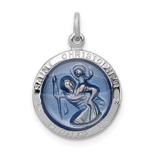 Sterling Silver Platinum-plated Blue Epoxy St. Christopher Medal