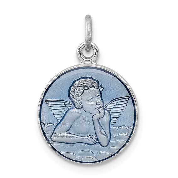 Sterling Silver Platinum-plated Blue Epoxy Angel Charm