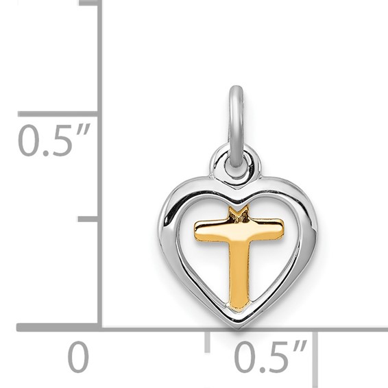 Sterling Silver Platinum-plated & Vermeil Cross in Heart Charm