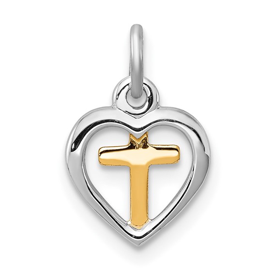 Sterling Silver Platinum-plated & Vermeil Cross in Heart Charm