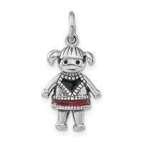 Sterling Silver Polished & Antiqued Red & Black Enamel Girl Charm view 1