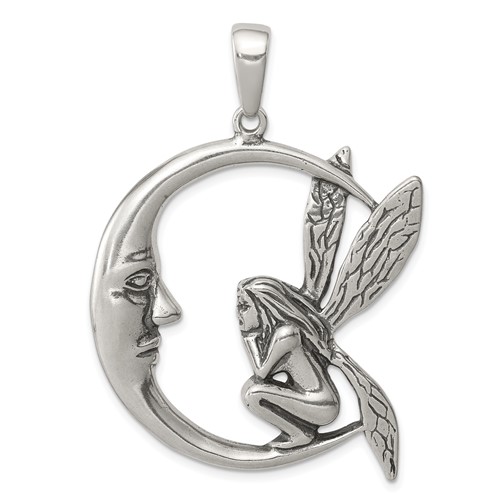 Sterling Silver Antiqued Moon Fairy Pendant