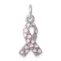 Sterling Silver Rhodium-plated Enameled Pink Ribbon Charm view 1