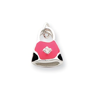 Sterling Silver CZ Black and Pink Enameled Purse Charm