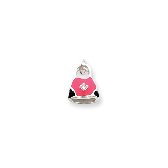 Sterling Silver CZ Black and Pink Enameled Purse Charm