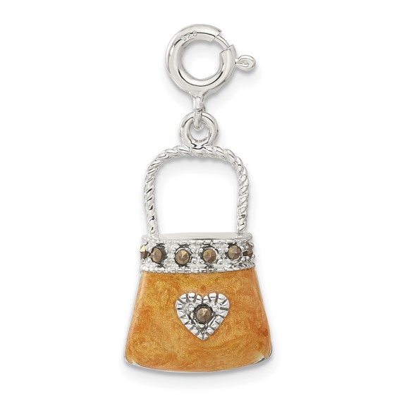 Sterling Silver 3D Orange Enameled Marcasite Heart Purse Charm