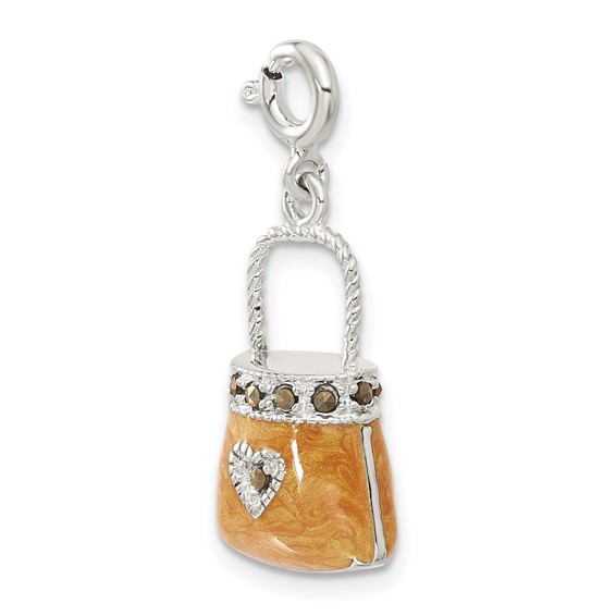 Sterling Silver 3D Orange Enameled Marcasite Heart Purse Charm