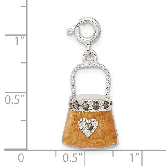 Sterling Silver 3D Orange Enameled Marcasite Heart Purse Charm