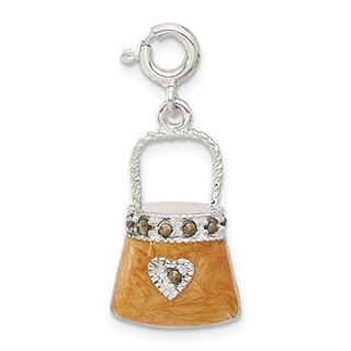 Sterling Silver 3D Orange Enameled Marcasite Heart Purse Charm