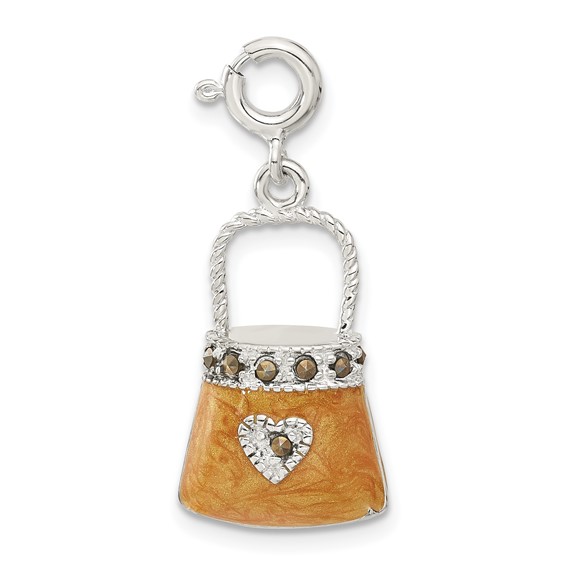 Sterling Silver 3D Orange Enameled Marcasite Heart Purse Charm