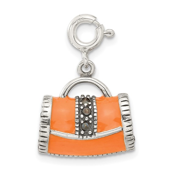 Sterling Silver 3D Orange Enameled Marasite Purse Charm
