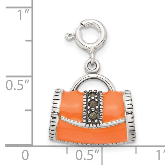 Sterling Silver 3D Orange Enameled Marasite Purse Charm