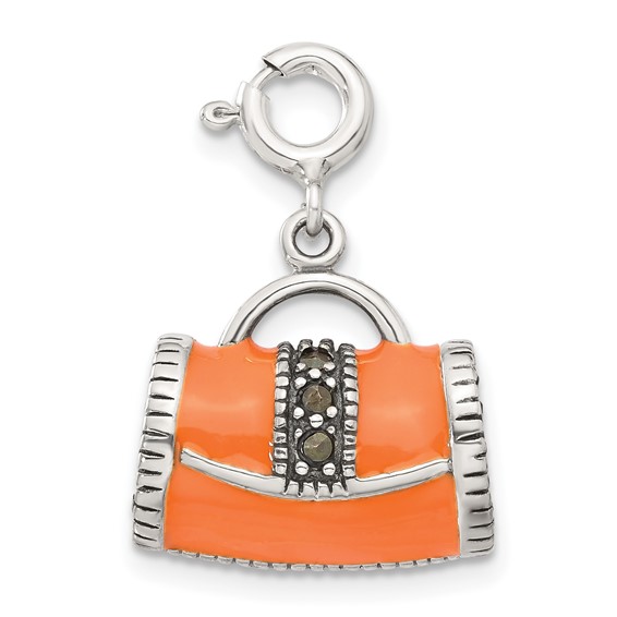 Sterling Silver 3D Orange Enameled Marasite Purse Charm