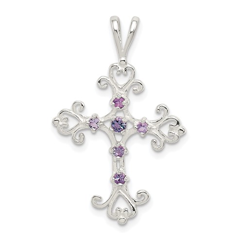 Sterling Silver Polished Purple CZ Budded Cross Charm