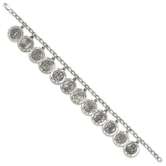 Sterling Silver Antiqued 12 Saints 8in Bracelet