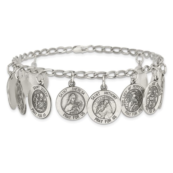 Sterling Silver Antiqued 12 Saints 8in Bracelet