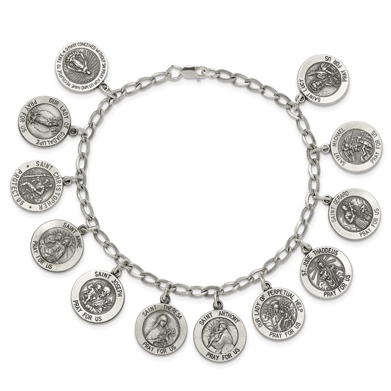 Sterling Silver Antiqued 12 Saints 8in Bracelet