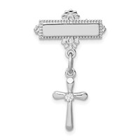 Sterling Silver Platinum-plated Polished CZ Cross Dangle Pin Brooch view 1