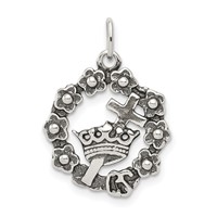 Sterling Silver Antiqued Cross, Crown & Wreath Charm view 1