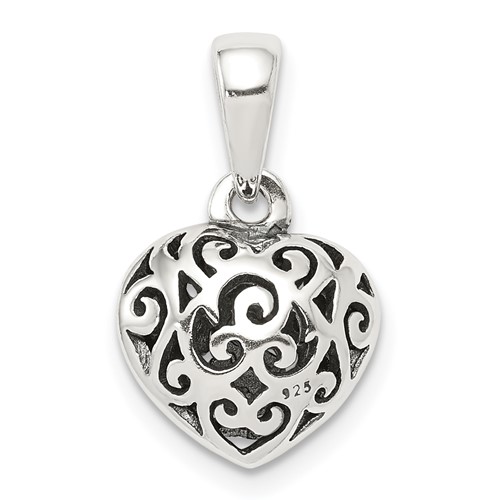 Sterling Silver Antiqued Filigree Puffed Heart Pendant