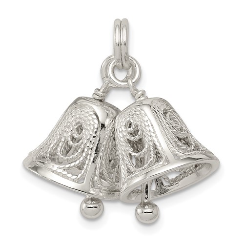 Sterling Silver Polished Filigree 3-D Movable Lightly Ringing Bells Charm