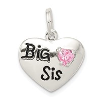 Sterling Silver Rhodium-plated Big Sis Pink CZ Heart Charm view 1