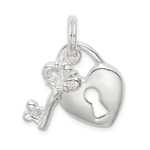 Sterling Silver Rhodium-plated Heart Lock and Key Charm