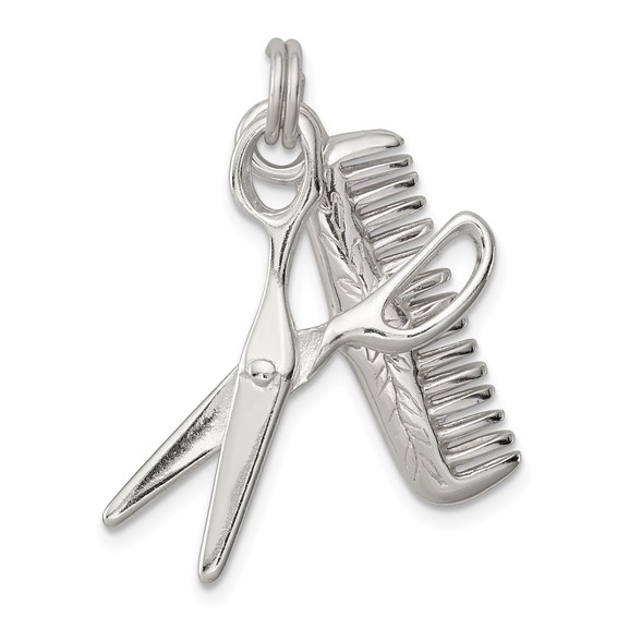 Sterling Silver Rhodium-plated Comb & Scissor Charm