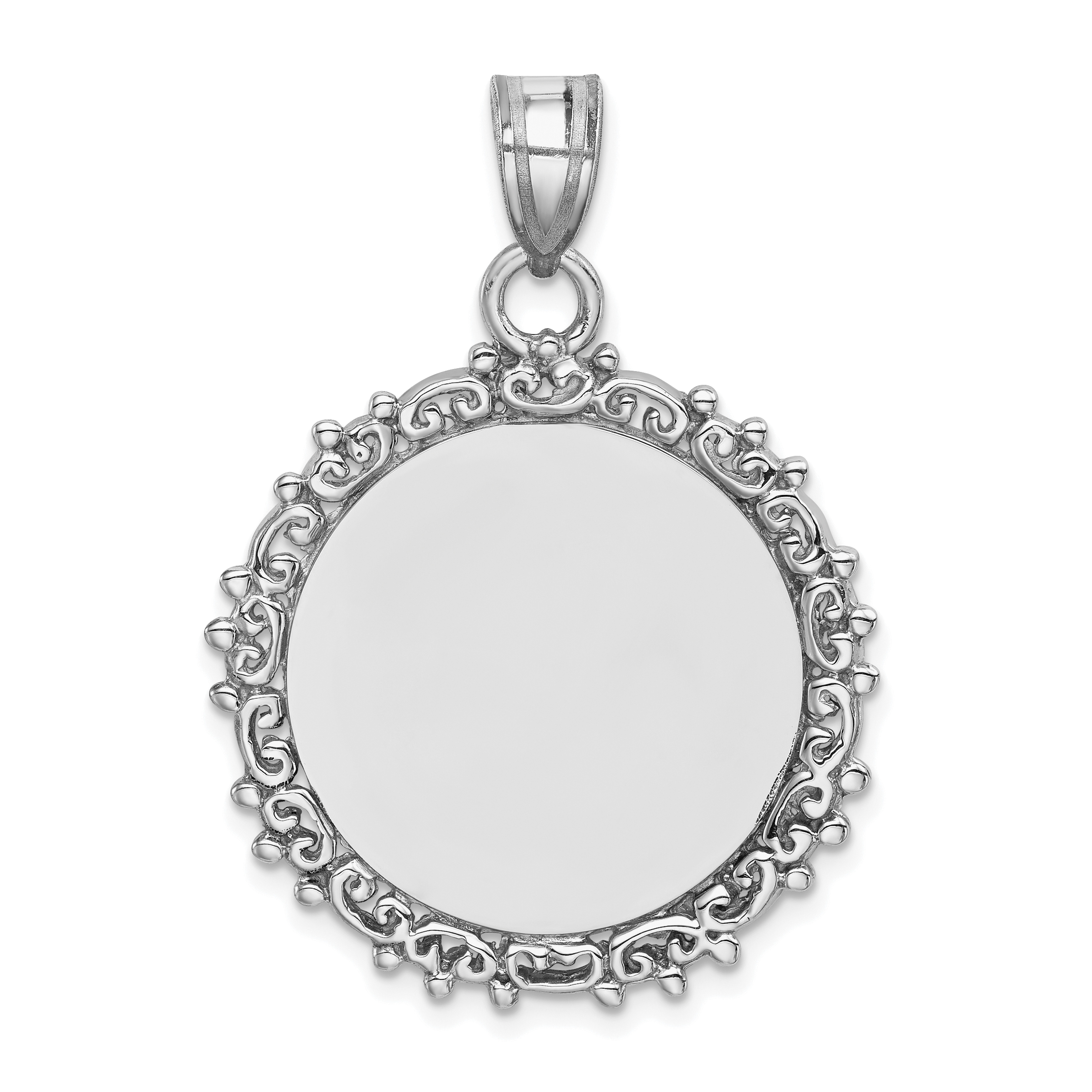 Sterling Silver Rh-plt Fancy Round Polished Front/Satin Back Pendant (QC4702)