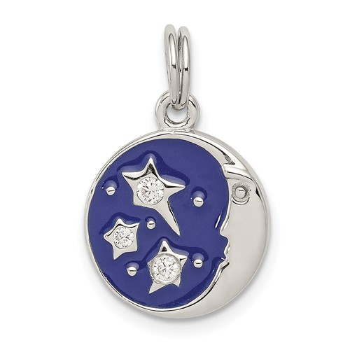 Sterling Silver Rhodium-plated Blue Enameled and CZ Moon and Stars Charm