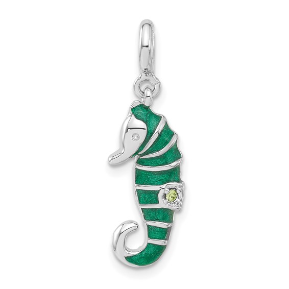 Sterling Silver Green CZ & Enamel Seahorse Charm