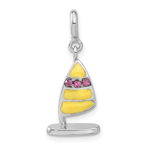Sterling Silver Enameled & Pink Crystal Sail Boat Spring Ring Charm