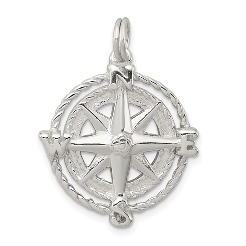 Sterling Silver Rhodium-plated Polished Compass Charm