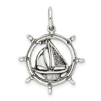 Sterling Silver Antiqued Sailboat in Wheel Charm view 3