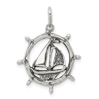 Sterling Silver Antiqued Sailboat in Wheel Charm view 1