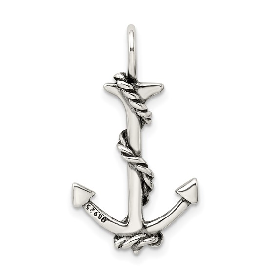 Sterling Silver 3D Antiqued Anchor and Rope Pendant