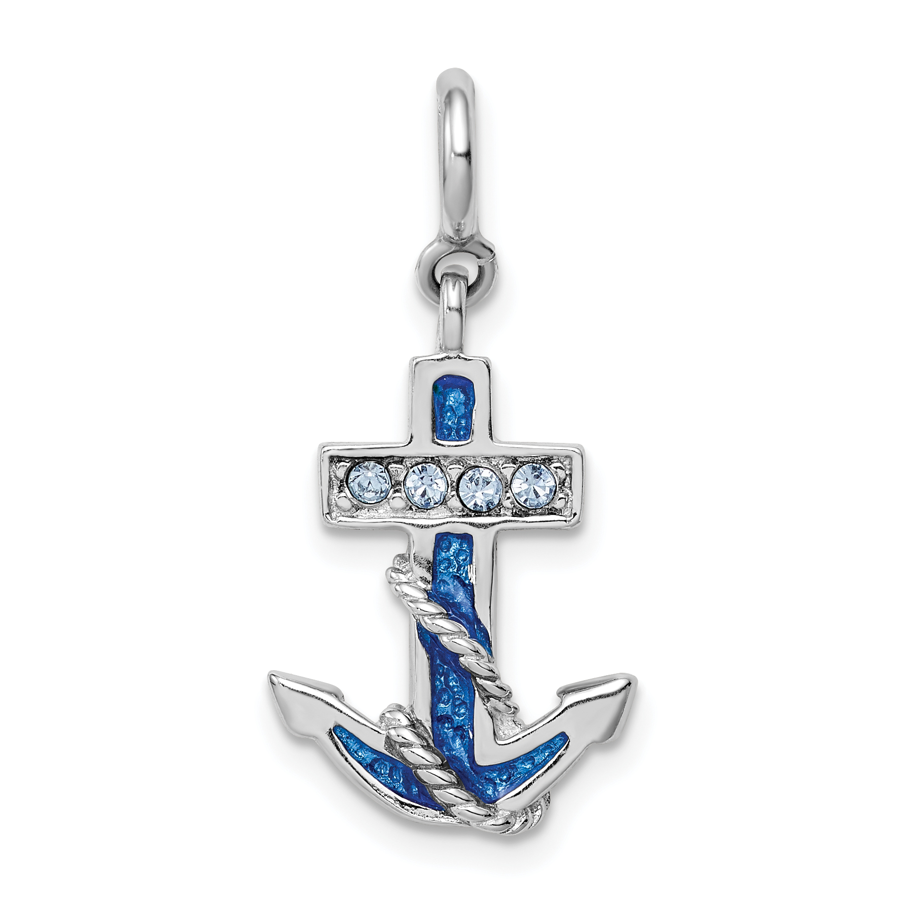 Sterling Silver Rhodium-plated Preciosa Crystals and Blue Enamel Anchor Charm (QC4974)
