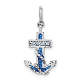 Sterling Silver Rhodium-plated Preciosa Crystals and Blue Enamel Anchor Charm