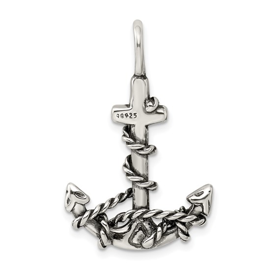 Sterling Silver 3D Antiqued Anchor and Rope Pendant