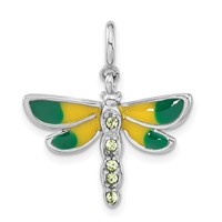 Sterling Silver Rhodium-plated Polished Green CZ & Enameled Dragonfly Charm with Spring Ring Clasp view 1