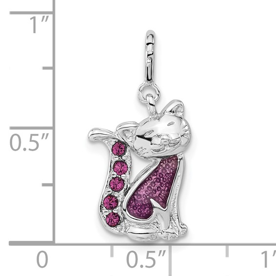 Sterling Silver Purple Enamel & Crystal Cat w/ Spring Ring Clasp Charm