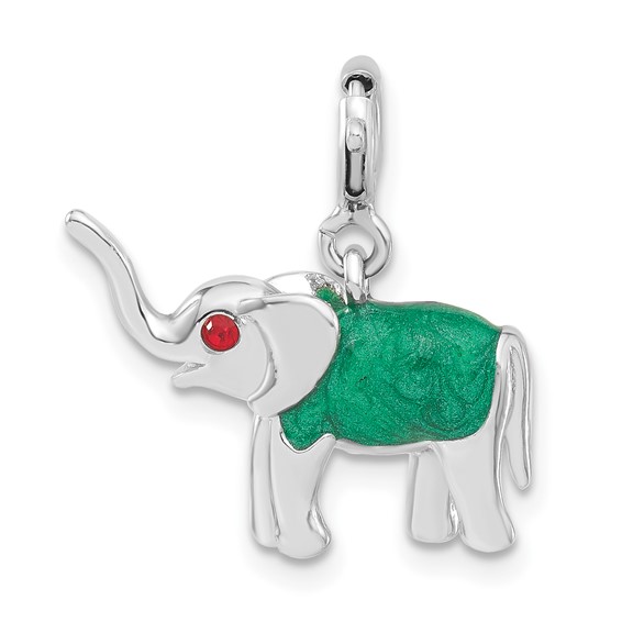 Sterling Silver 3-D Red CZ & Green Enameled Elephant Charm