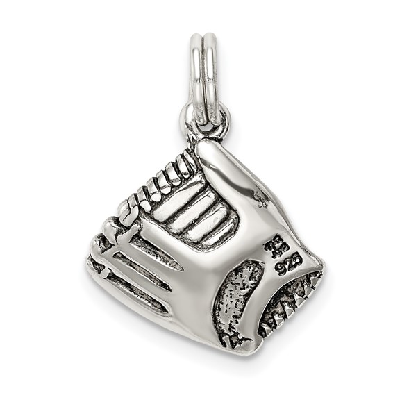 Sterling Silver Antiqued Baseball Glove w/Simulated Pearl Charm
