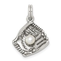 Sterling Silver Antiqued Baseball Glove Charm with Simulated Pearl view 1