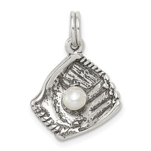 Sterling Silver Antiqued Baseball Glove Charm with Simulated Pearl