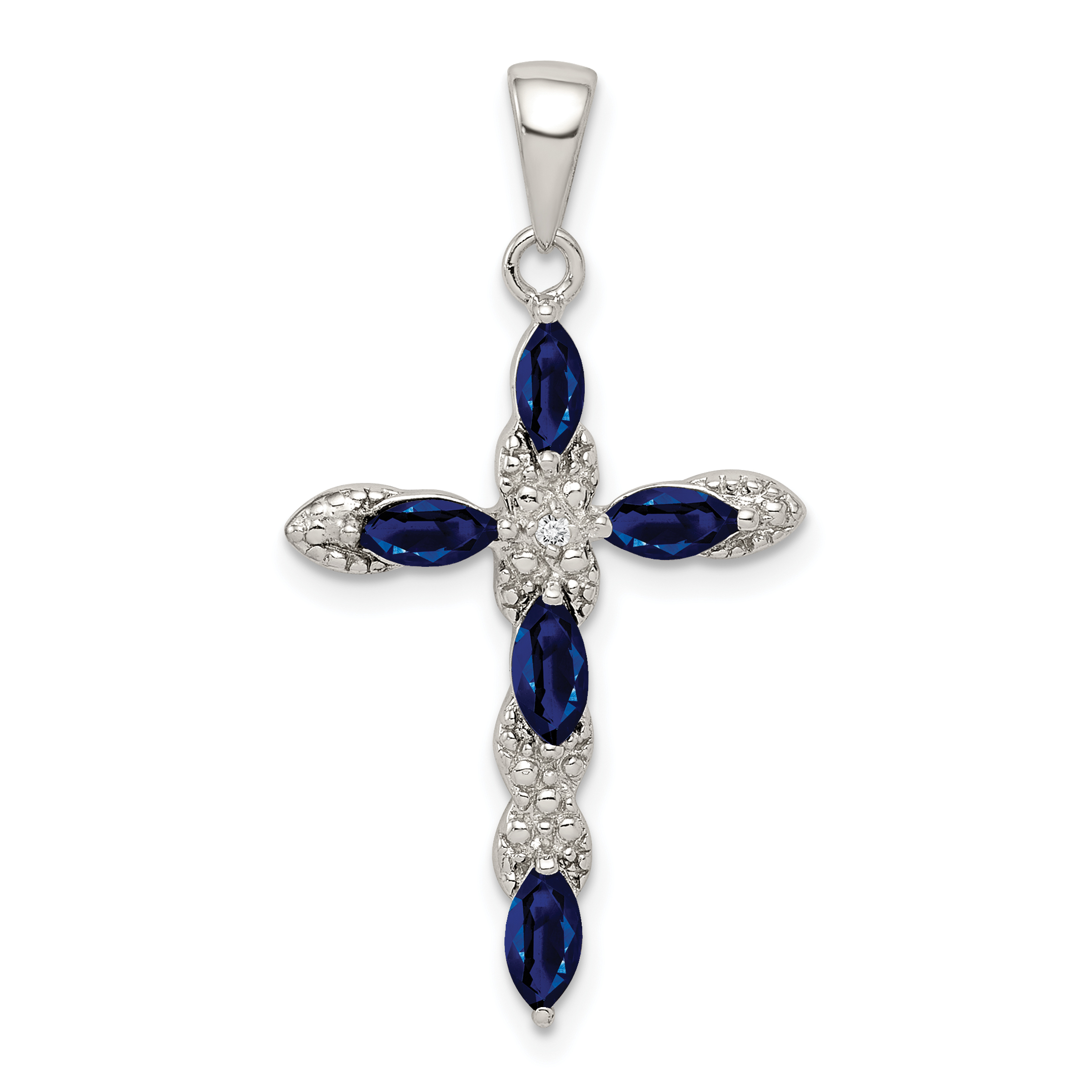 Sterling Silver Rhodium-plated Sapphire and Diamond Cross Pendant (QC5265)