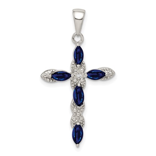 Sterling Silver RH-plated Black Sapphire and Diamond Cross Pendant