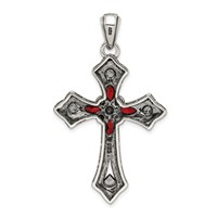 Sterling Silver Antiqued Red Marquise CZ Marcasite Cross Pendant view 4